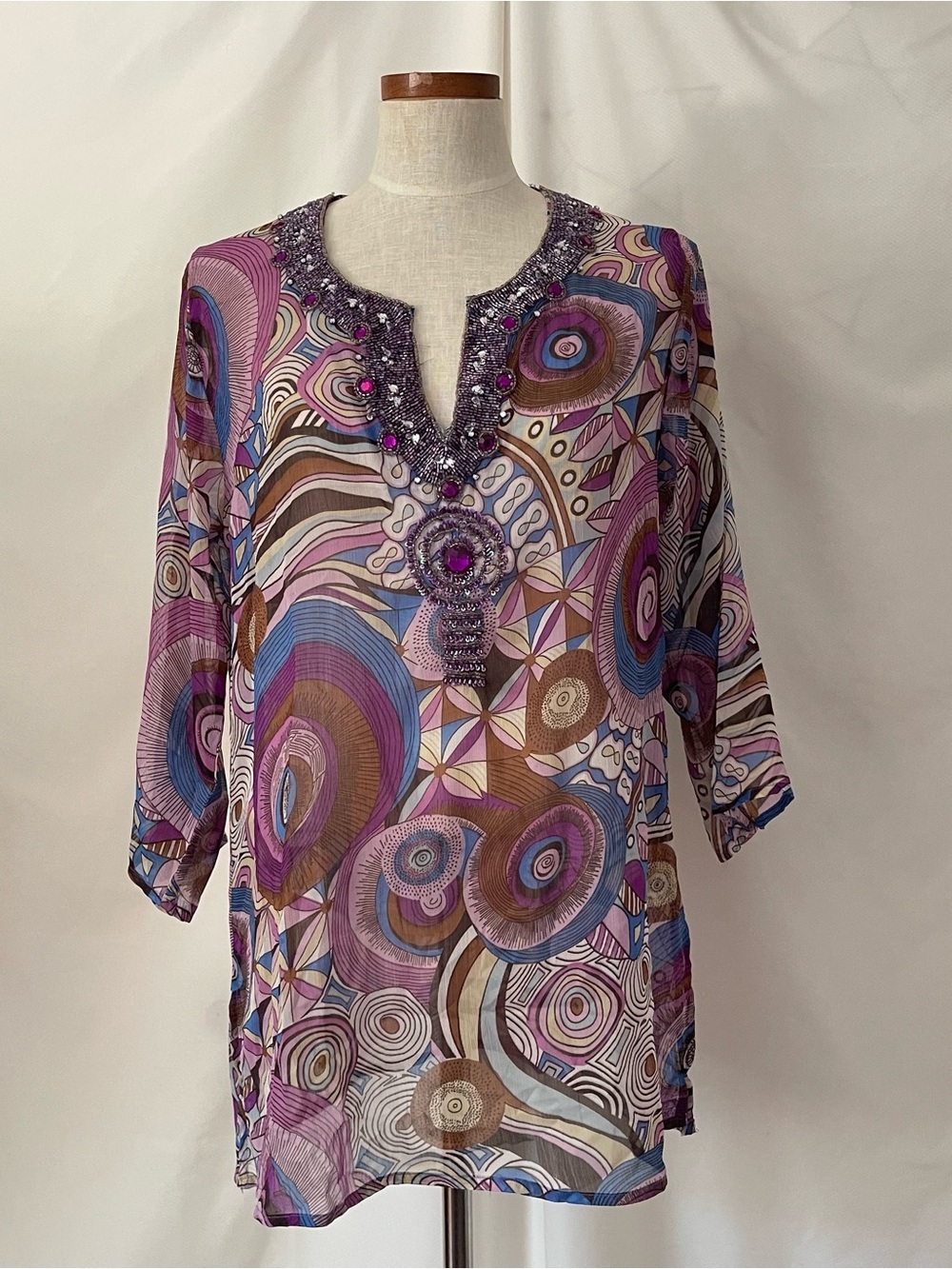 Vintage 90’s Y2K purple beaded sheer tunic blouse  Deadstock size Medium NWT